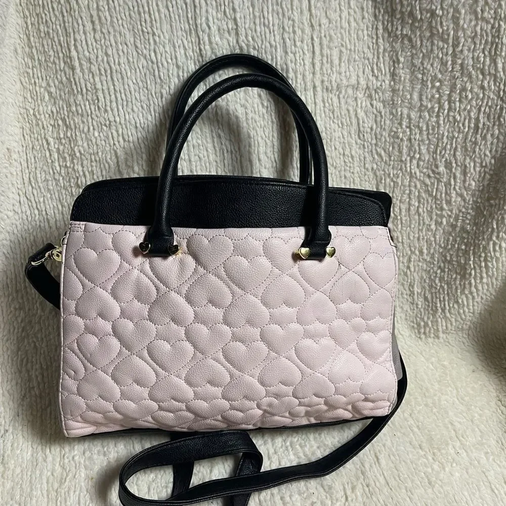 Betsey Johnson Heart Quilted Pink , Black & gray strims & strap Satchel